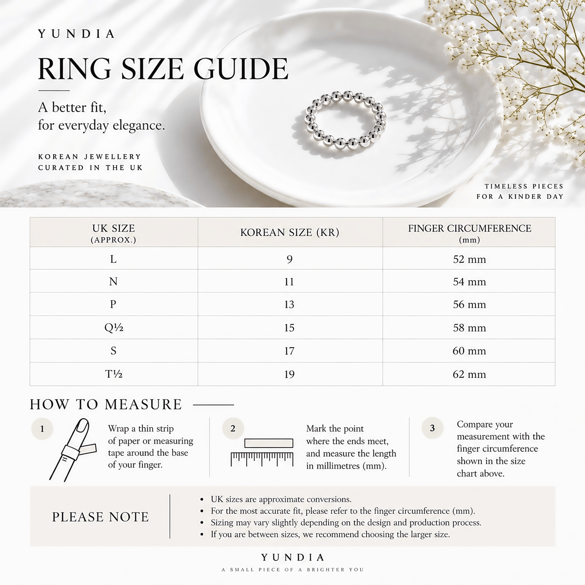 A Yundia ring size guide infographic with a white ceramic plate and a delicate silver ring at the top, followed by a size conversion table from UK size to Korean size and finger circumference in millimeters, plus step-by-step measurement instructions.